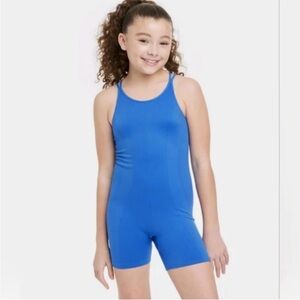 Girls All in Motion Blue Seamless Bike Leotard XL